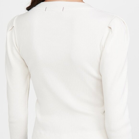 AMO L Off-White Puff Sleeve Cardigan Button Up Ribbed - Picture 4 of 10